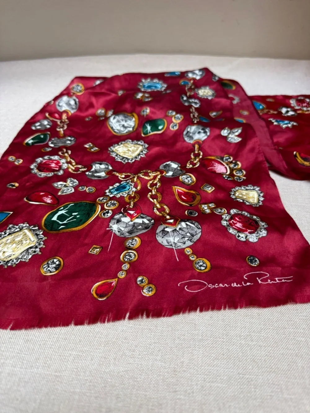Vintage Oscar de la Renta Pure Silk Scarf Gems and Jewels